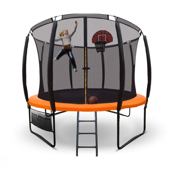 UP-SHOT Round Kids Trampoline with Curved Pole Design, Basketball Set and Sprinkler Accessory, Black and Orange