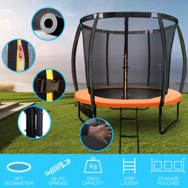 UP-SHOT 8ft Round Kids Trampoline with Curved Pole Design and Sprinkler Accessory, Black and Orange