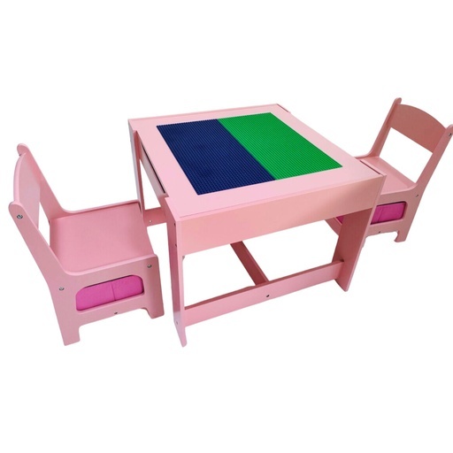 3PCS Kids Table with Lego Baseplate and Chairs Set with Black Chalkboard (Pink)