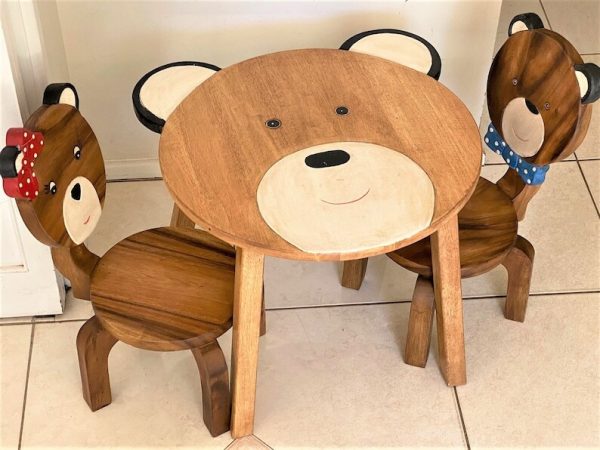Children’s furniture Set Bear Table and 2 Chairs -natural wood handmade and solid build