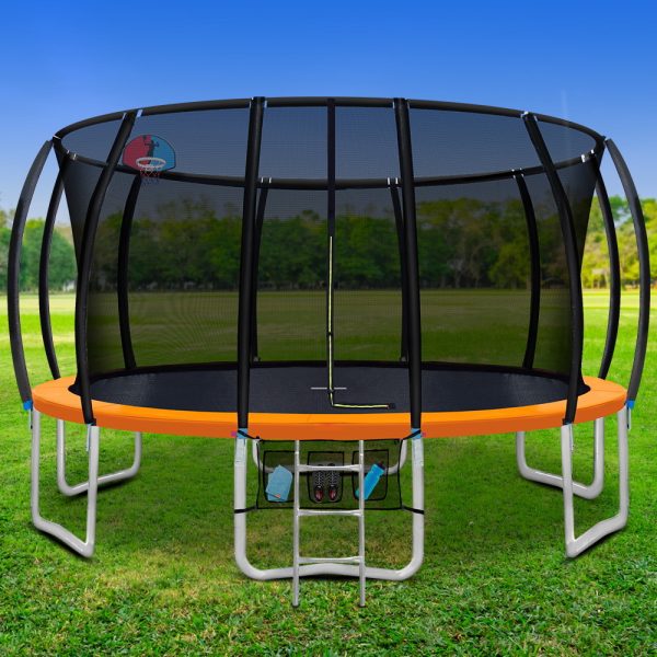 Trampoline Round Trampolines With Basketball Hoop Kids Present Gift Enclosure Safety Net Pad Outdoor – 16ft, Orange
