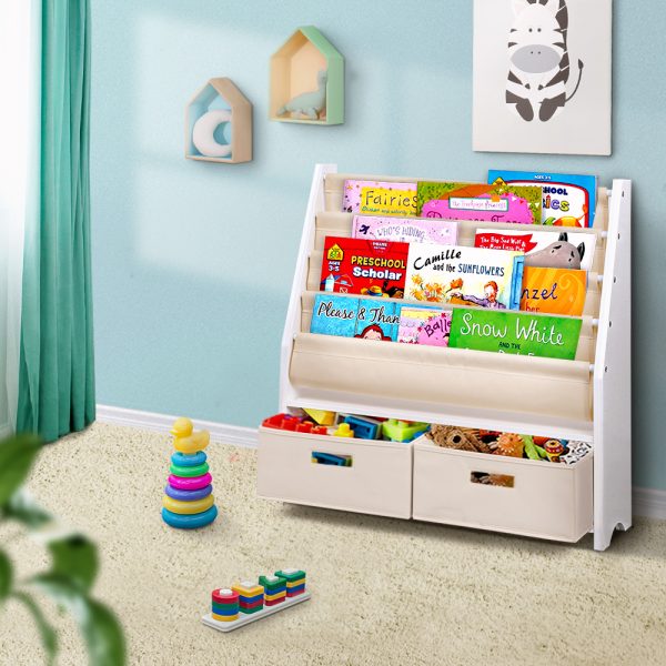 4 Tiers Kids Bookshelf Magazine Rack Children Bookcase Organiser Drawer