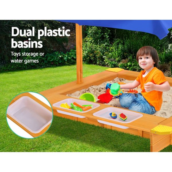 Kids Sandpit Wooden Sandbox Sand Pit with Canopy Water Basin Toys 103cm