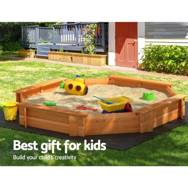 Kids Sandpit Wooden Round Sand Pit with Cover Bench Seat Beach Toys 182cm