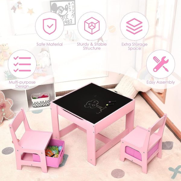 3PCS Kids Table with Lego Baseplate and Chairs Set with Black Chalkboard (Pink)