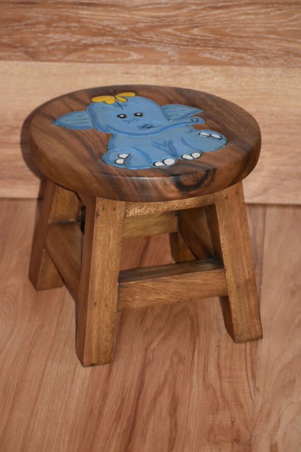 Children’s Wooden Stool Blue Baby ELEPHANT Themed Chair Toddlers Step sitting Stool